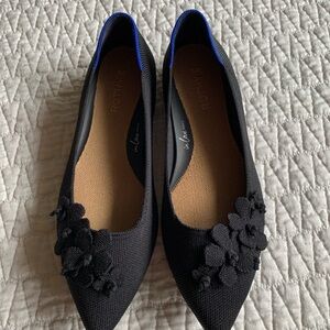 Rothy's Black Flats with Blue Edge and Floral Design